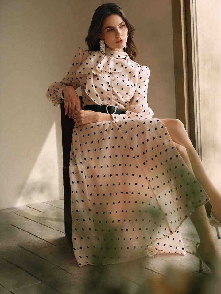 CM-DS288841 Women Elegant Seoul Style Long Sleeve Polka Dot Mock Neck A-Line Dress With Cinched Waist