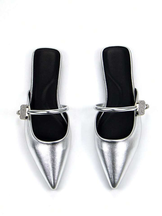 CM-SHS519185 Women Trendy Seoul Style Silver Crystal Encrusted Strap Decor Metallic Point Toe Mules - Silver