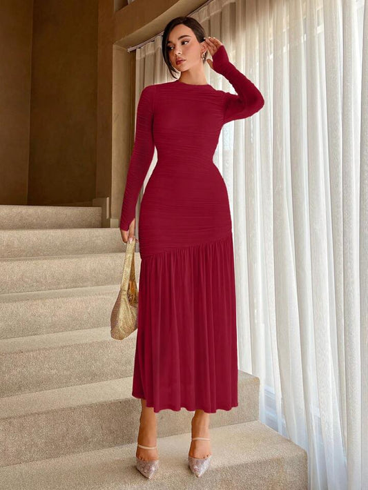 CM-DS494737 Women Elegant Seoul Style Round Neck Solid Ruched Ruffle Hem Dress - Burgundy
