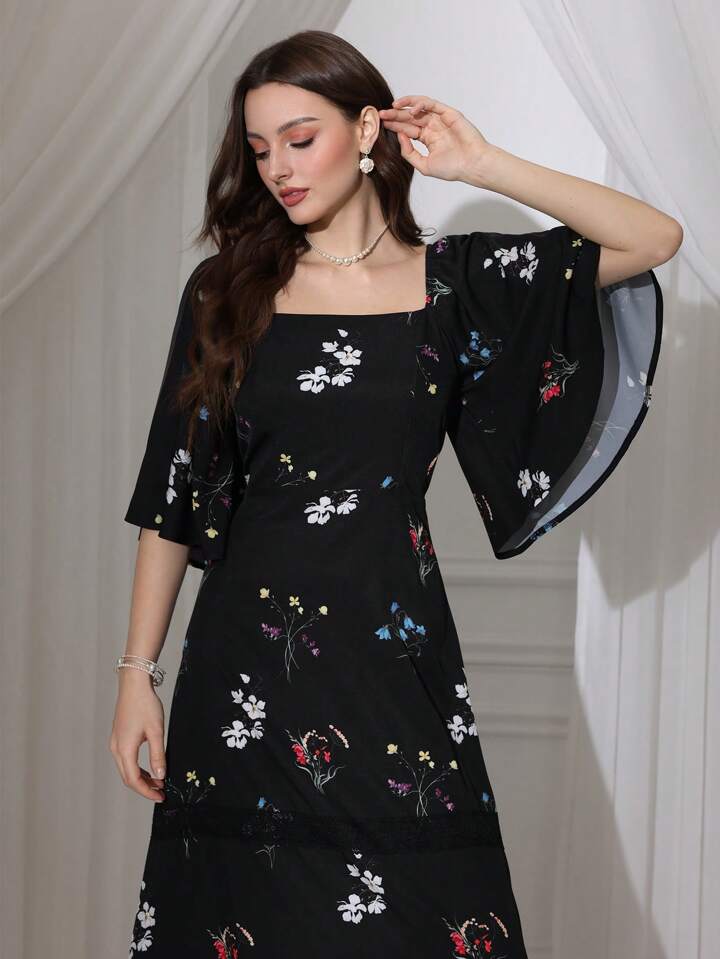CM-DS851963 Women Elegant Seoul Style Square Neck Flounce Sleeve High Waist Long Dress
