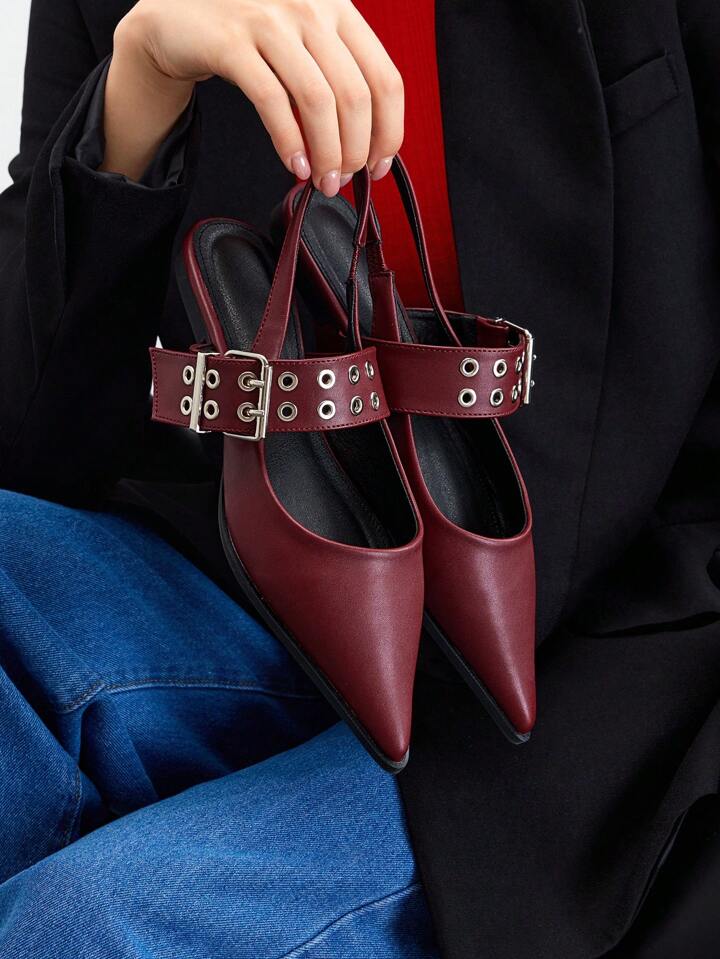 CM-SHS862685 Women Trendy Seoul Style PU Leather Pointed Toe Flat Shoes With Back Strap - Burgundy