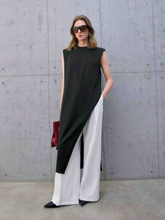 CM-TS650838 Women Casual Seoul Style Round Neck Wide Shoulder Sleeveless Asymmetric Hem Mid-Length Top - Black
