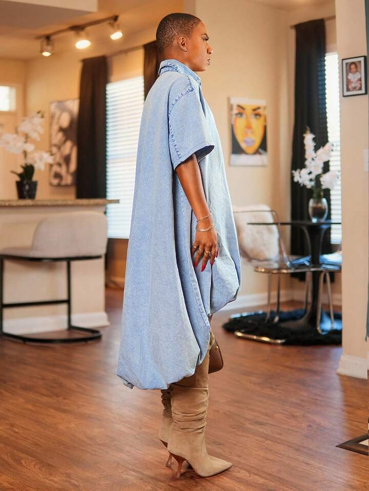 CM-DS896750 Women Casual Seoul Style Collar Neckline Short Sleeve Asymmetrical Denim Dress - Blue