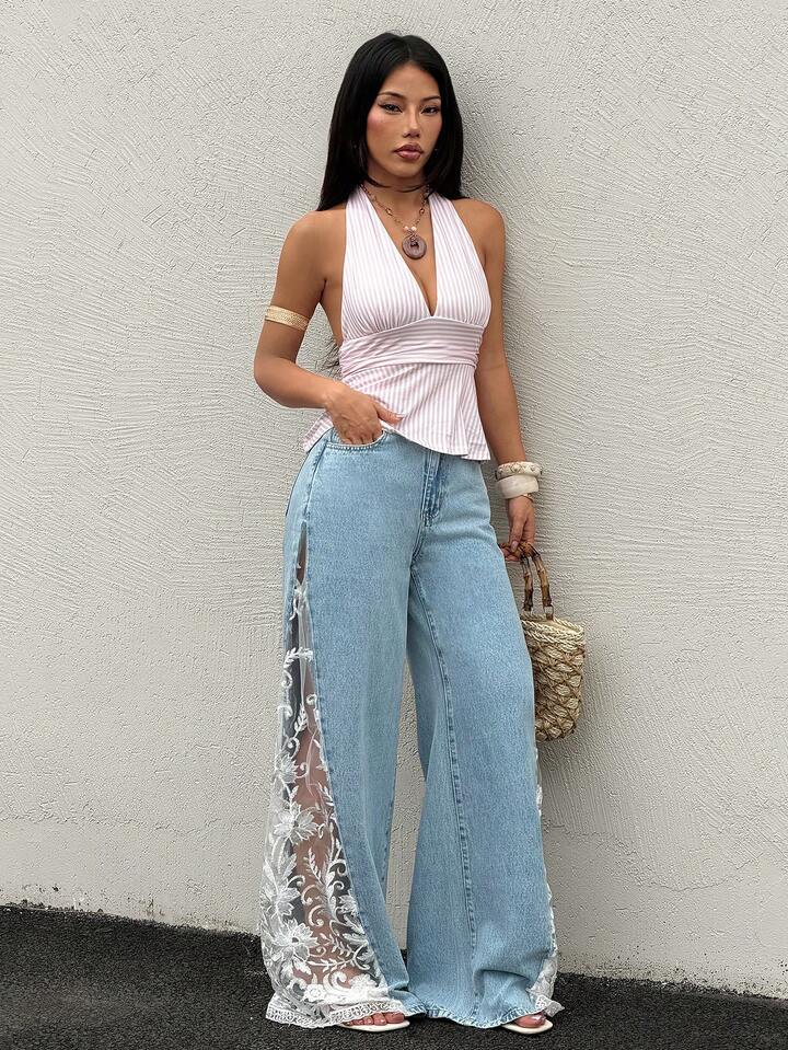 CM-BS984479 Women Casual Seoul Style Lace Patchwork Sheer Loose Denim Wide Leg Pants - Blue