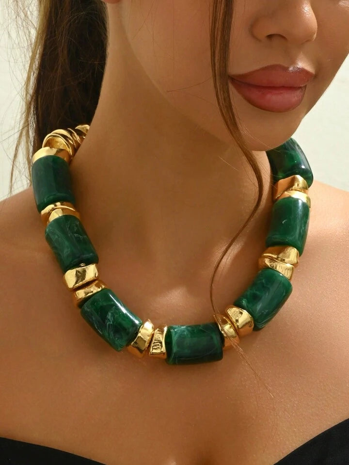 CM-AXS143919 Women Trendy Bohemian Style Jade Resin Bead Asymmetrical Golden Bead Necklace