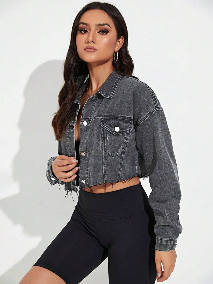 CM-CS141848 Women Casual Seoul Style Front Button Turn-Down Collar Long Sleeve Denim Jacket