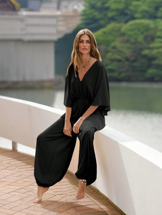 CM-JS991072 Women Trendy Bohemian Style V-Neck Tie Back Batwing Sleeve Long Jumpsuit - Black