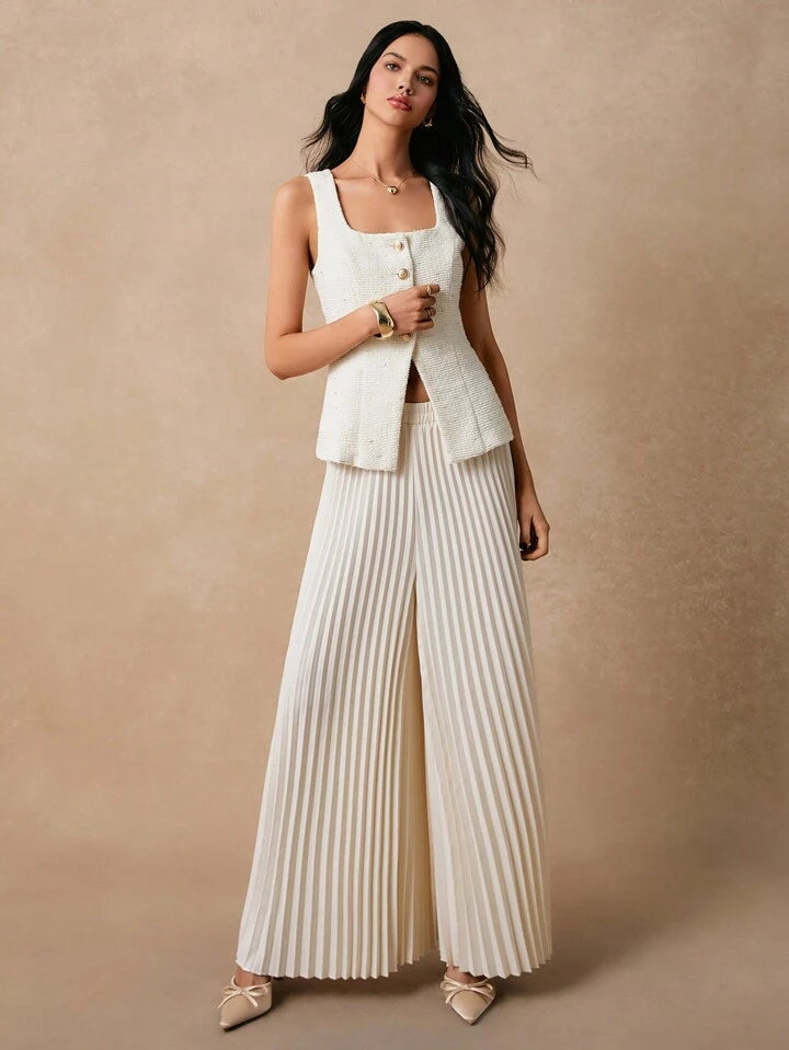 CM-SS551165 Women Elegant Seoul Style Single-Breasted Square Neck Vest With Pleated Midi Skirt - Set