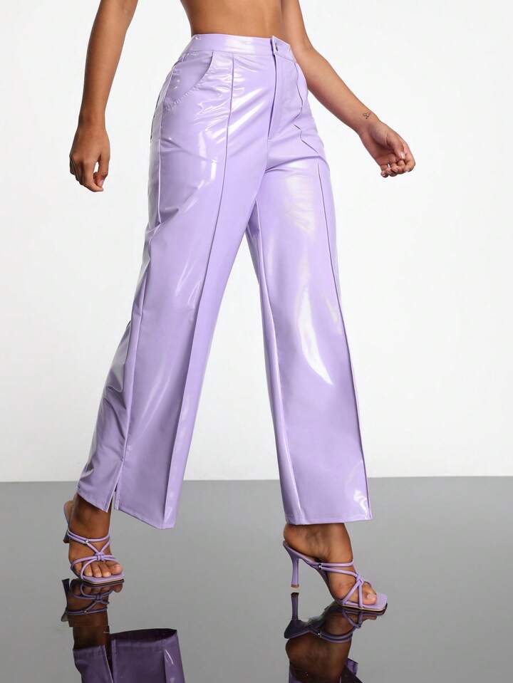 CM-BS006433 Women Casual Seoul Style High Waist PU Leather Pants With Pockets - Lilac Purple