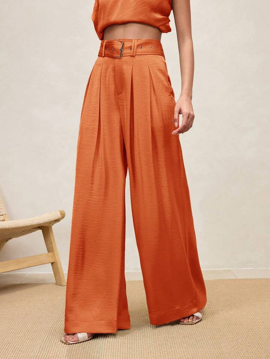 CM-BS906464 Women Casual Seoul Style High Waist Pleated Wide Leg Pants - Orange