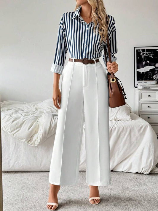 CM-SS215066 Women Casual Seoul Style Striped Collar Neckline Long Sleeve Shirt With Straight-Leg Pants - Set