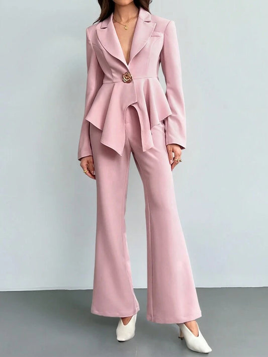 CM-SS888855 Women Elegant Seoul Style Lapel Neckline Asymmetrical Long Sleeve Blazer With Long Pant Suit - Baby Pink