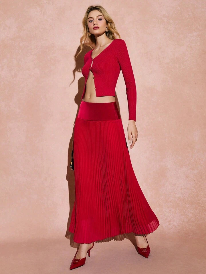 CM-BS418853 Women Elegant Seoul Style Plain Pleated A-Line Maxi Skirt - Burgundy