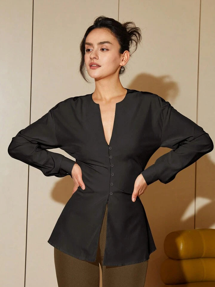 CM-TS955553 Women Elegant Seoul Style Notched Long Sleeve Slim Fit Shirt - Black
