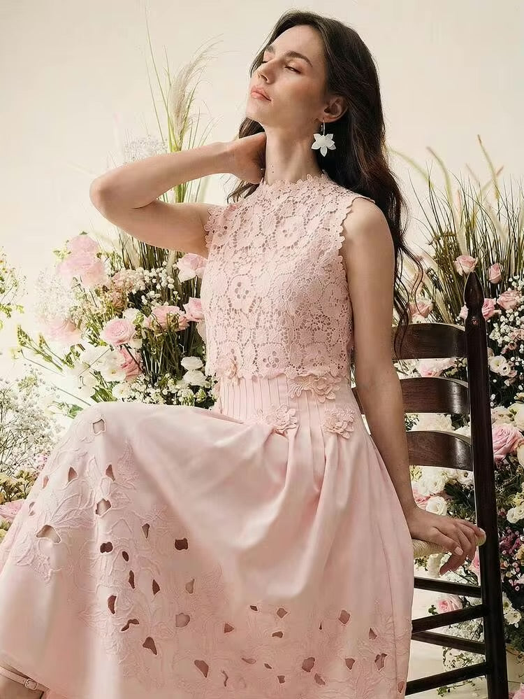 CM-DS194575 Women Elegant Seoul Style Stand Collar Sleeveless Floral Embroidered Lace Midi Dress - Pink