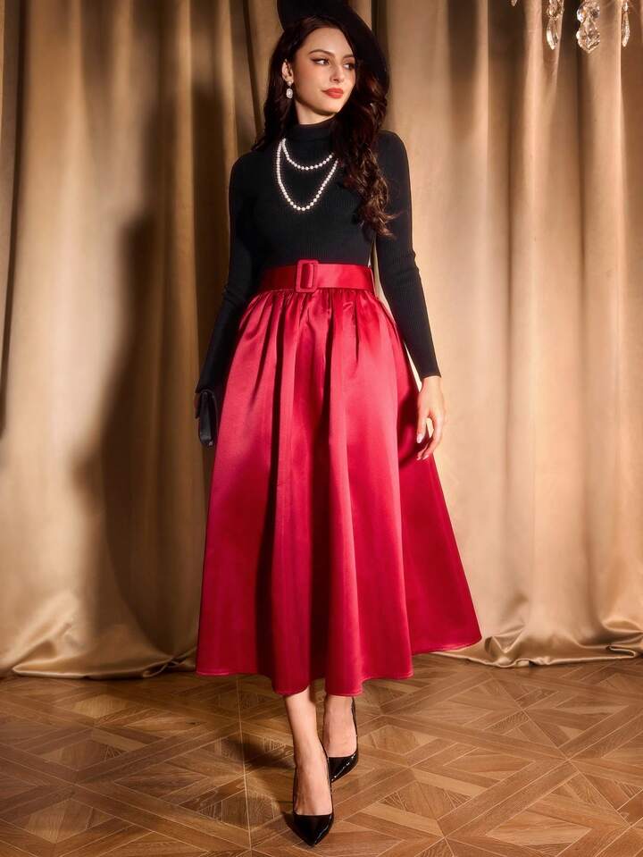 CM-BS522726 Women Elegant Seoul Style Ultra High Waist Satin Flared Hem A-Line Skirt - Red