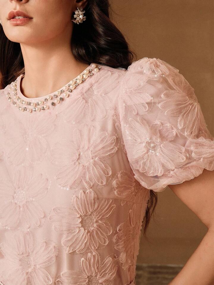 CM-TS228826 Women Elegant Seoul Style Pearl Embroidered Floral Mesh Round Neck Petal Sleeve Blouse - Pink