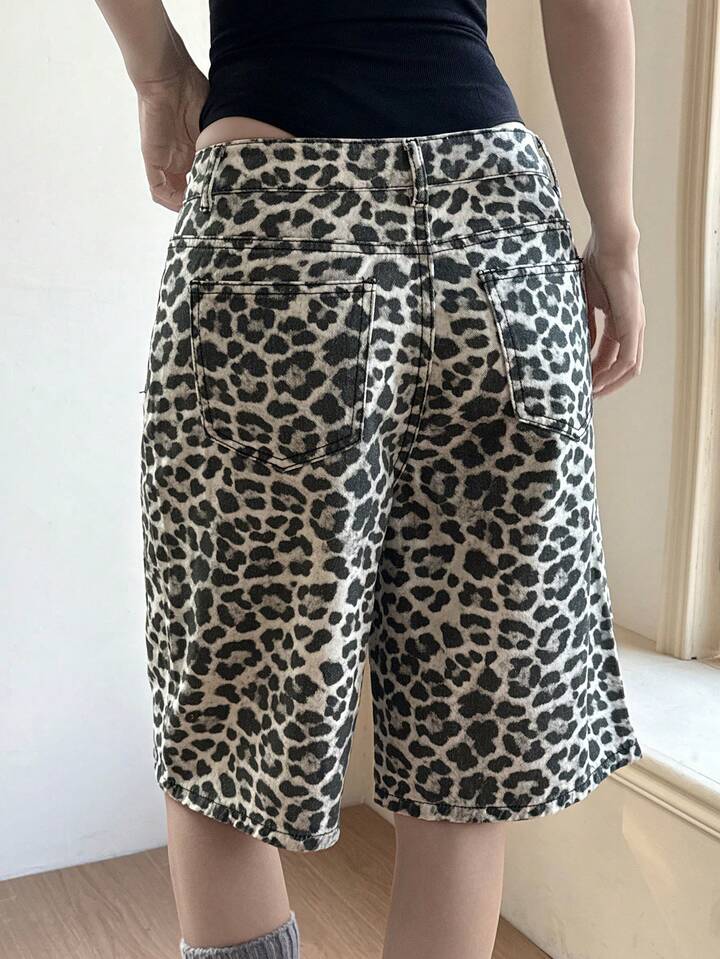 CM-BS269781 Women Casual Seoul Style Mid Waist Print Loose Bermuda Denim Shorts - Brown
