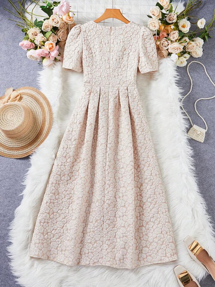 CM-DS082189 Women Elegant Seoul Style Square Neck Puff-Sleeve Floral A-Line Dress - Apricot