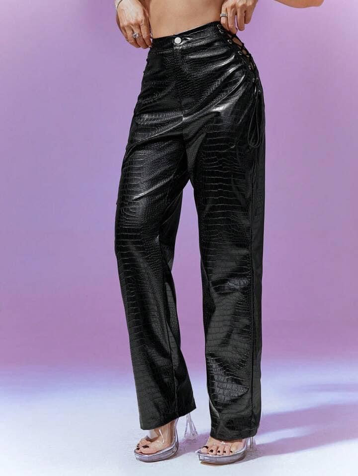 CM-BS911393 Women Elegant Seoul Style Side Crossed Straps Cutout Embossed Cargo Pants - Black