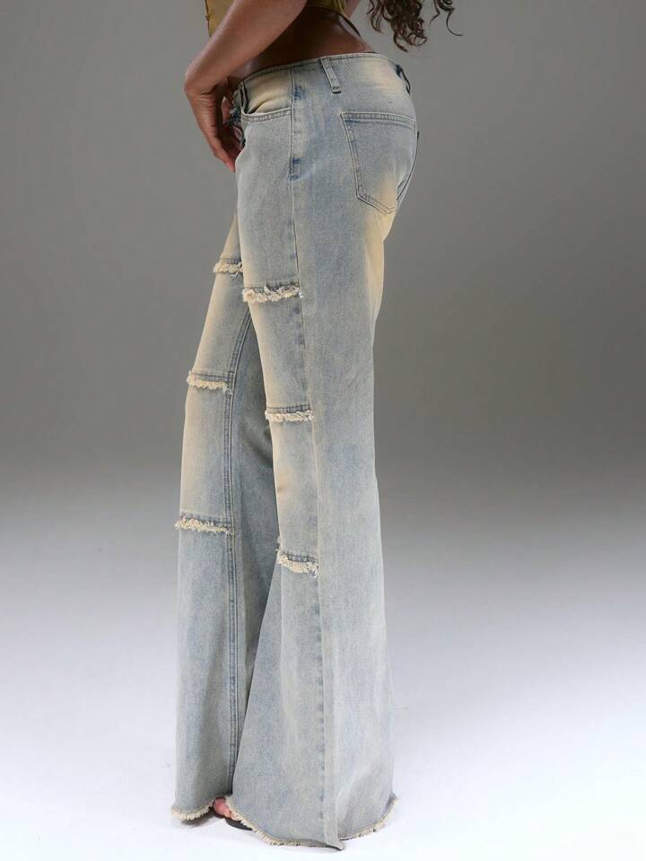 CM-BS321317 Women Casual Seoul Style Distressed Washed Tie Detail Flare Fitted Jeans