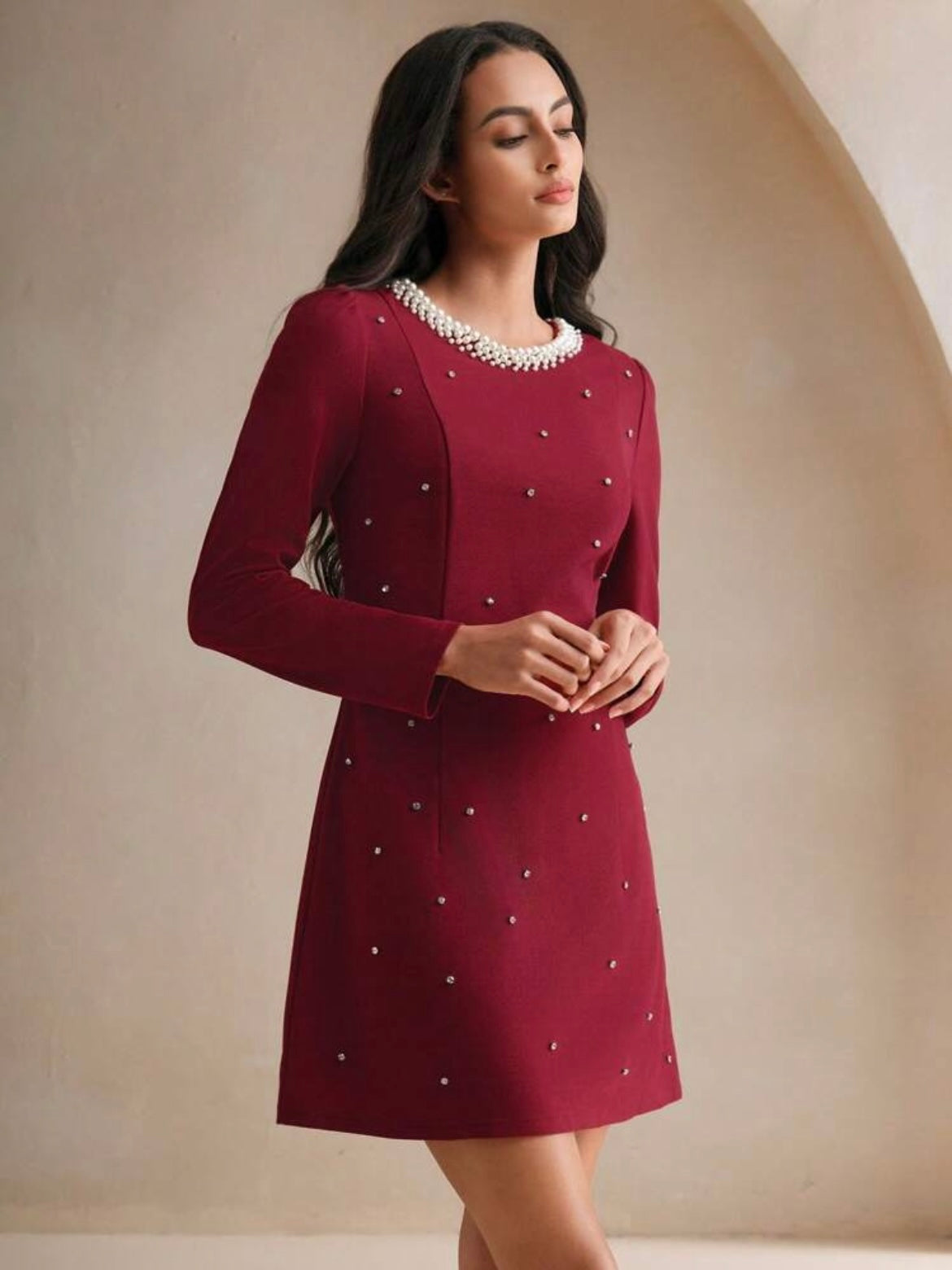 CM-DS243828 Women Elegant Seoul Style Rhinestone Pearl Decor Round Neck Long Sleeve Waisted Dress