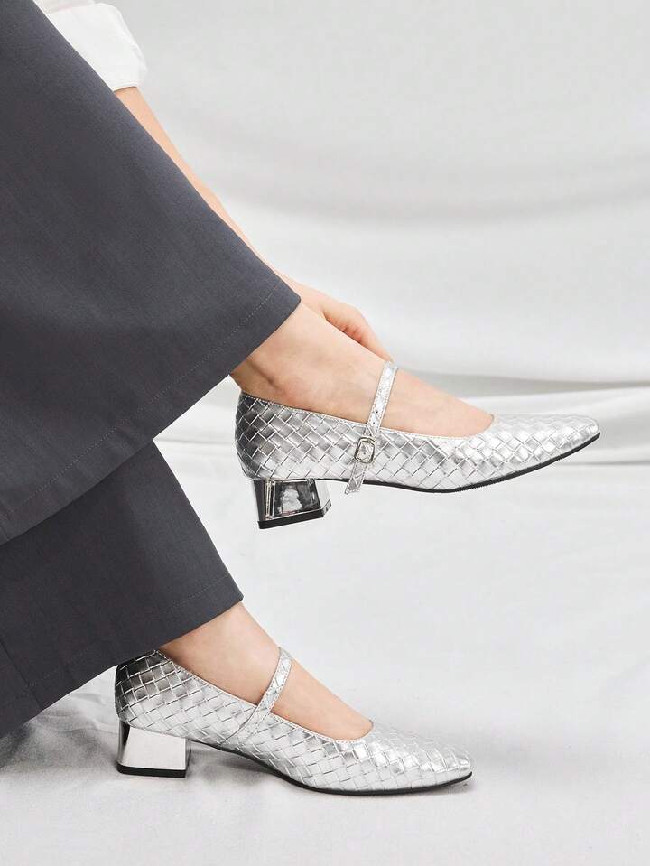 CM-SHS257616 Women Trendy Seoul Style Buckle Strap Back Cover Plaid Square Toe Sandals - Silver