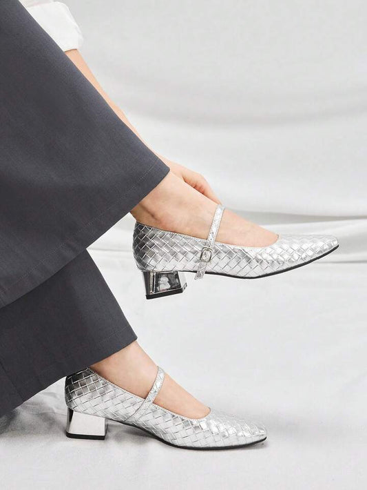 CM-SHS257616 Women Trendy Seoul Style Buckle Strap Back Cover Plaid Square Toe Sandals - Silver