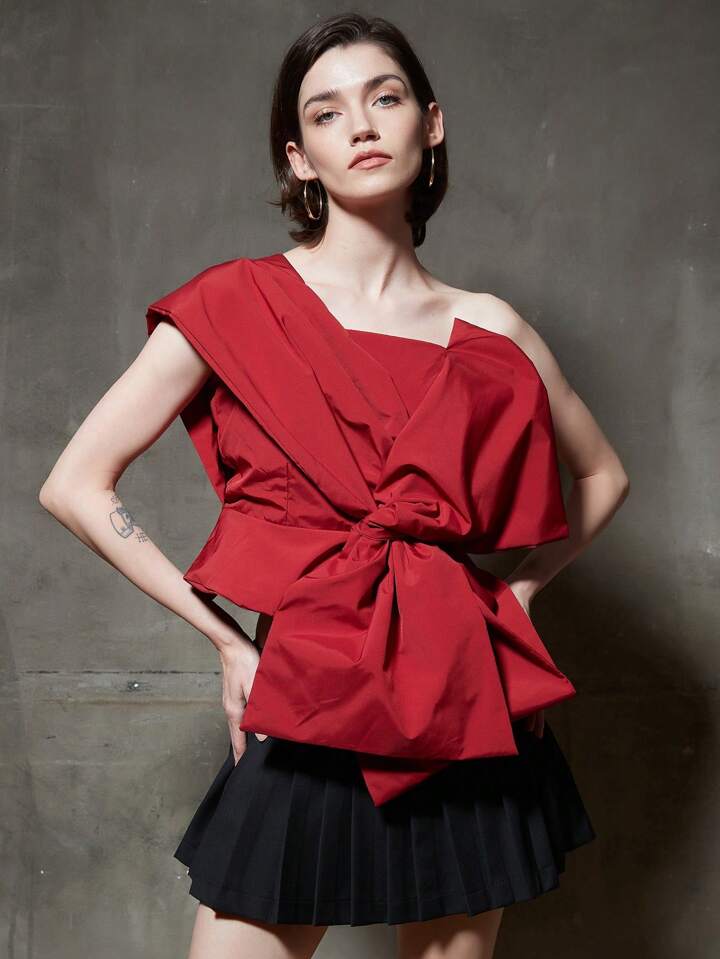 CM-TS757520 Women Casual Seoul Style Front Bow Asymmetrical Collar Blouse - Red
