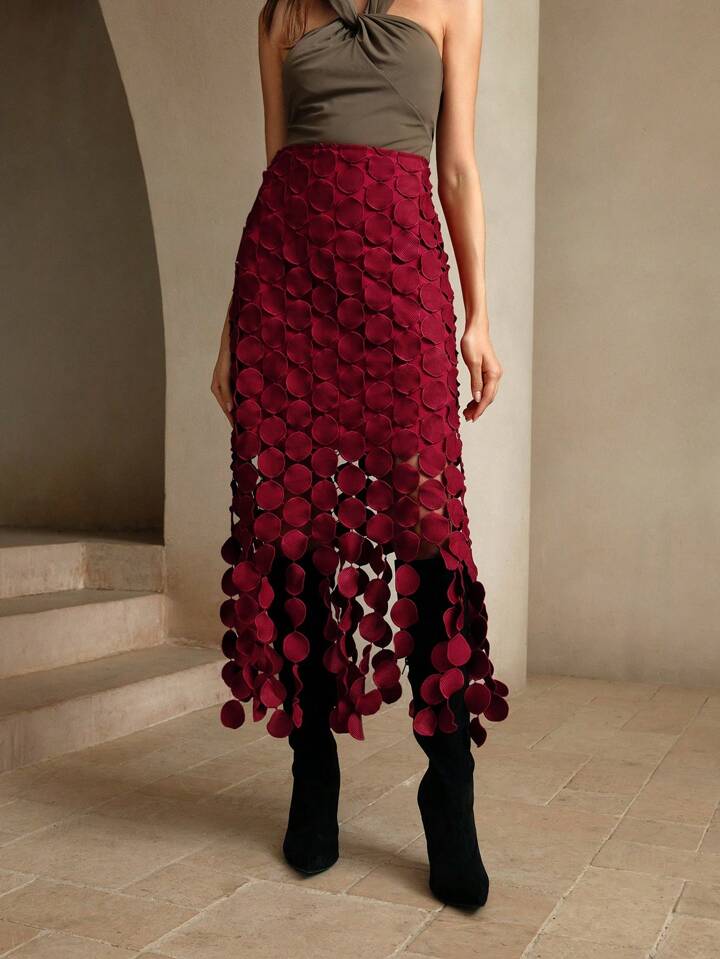 CM-BS381291 Women Elegant Seoul Style Laser Cut Multi Circle Double Layered Skirt - Burgundy