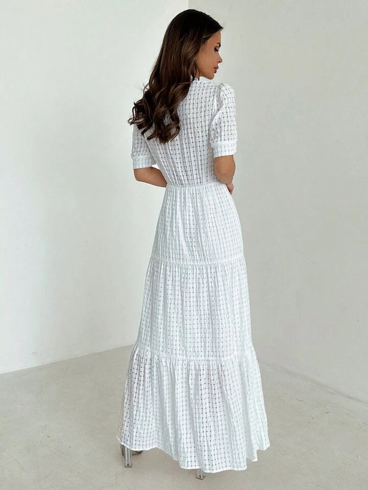 CM-DS955536 Women Casual Seoul Style Collared Waist-Tightening Design Bubble Sleeves Long Dress - White