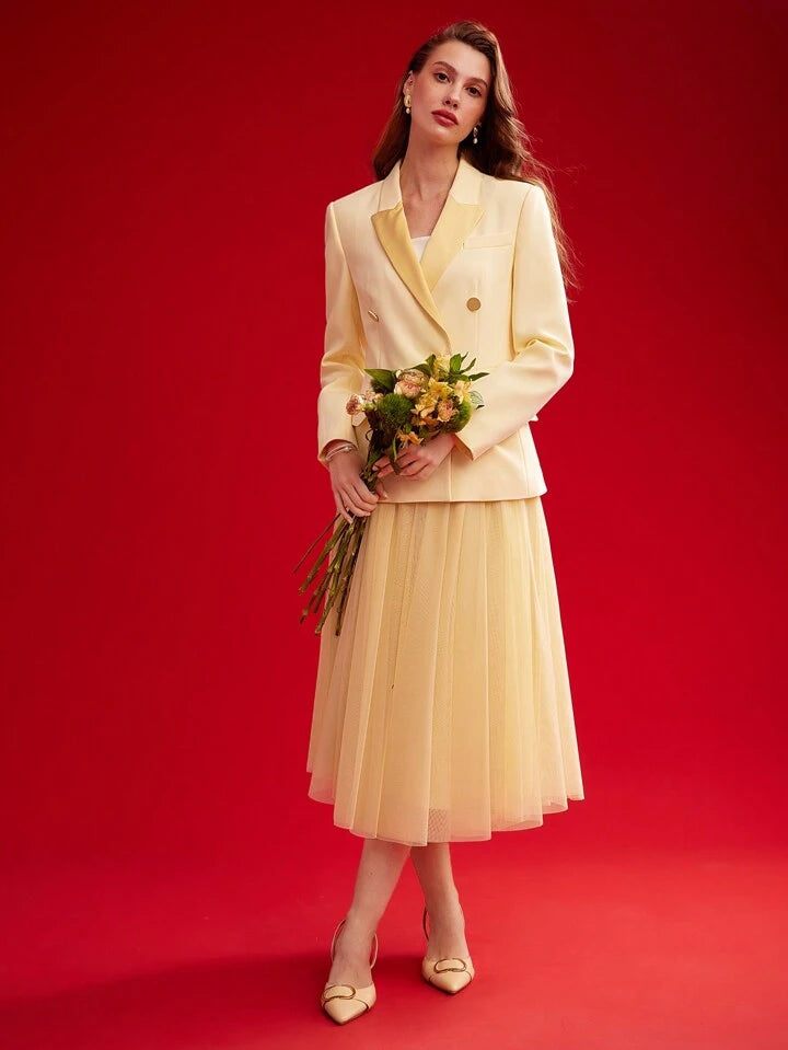 CM-BS708014 Women Elegant Seoul Style Mid Waist Contrast Mesh Flared Skirt - Yellow