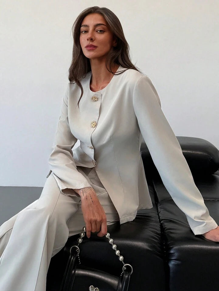 CM-SS011191 Women Elegant Seoul Style Slim Fit Round Neck Long Sleeve Top With Floor-Length Straight Leg Pants - Set