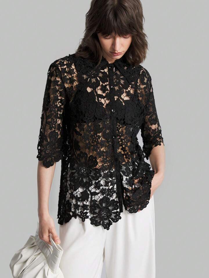 CM-TS336051 Women Casual Seoul Style Stand Collar Short Sleeve Lace Hollow Out Shirt - Black
