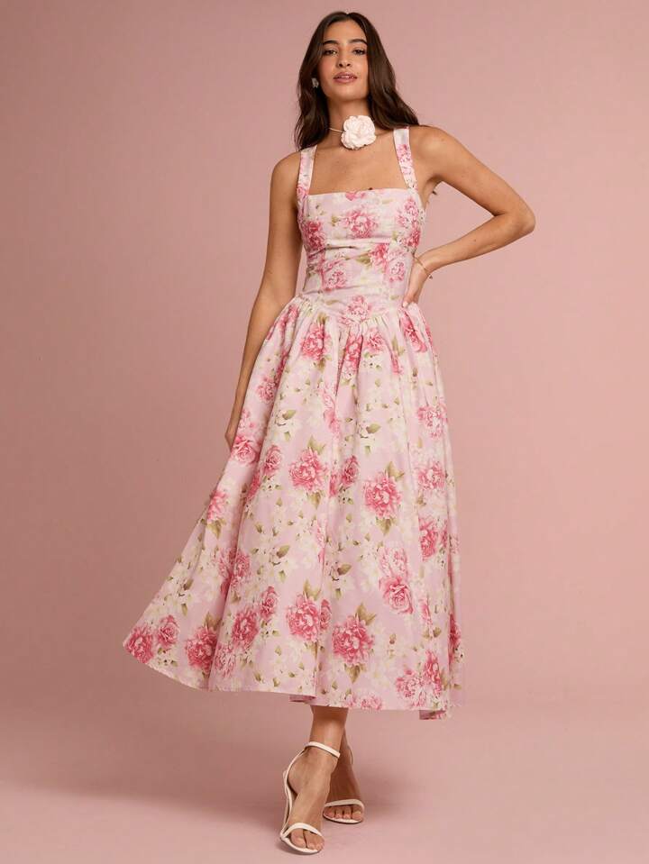 CM-DS532932 Women Elegant Seoul Style Floral Print Sleeveless Big Bowknot Backless Long Dress