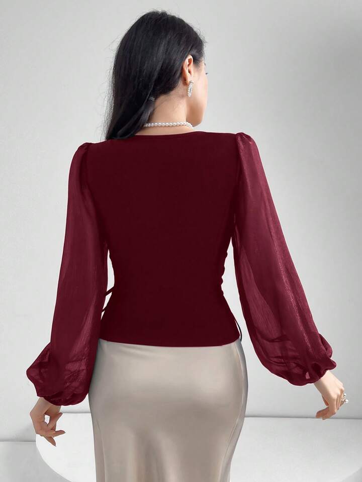 CM-TS872949 Women Elegant Seoul Style Sheer V-Neck Puff Lantern Sleeves Lace-Up Detail Blouse - Burgundy
