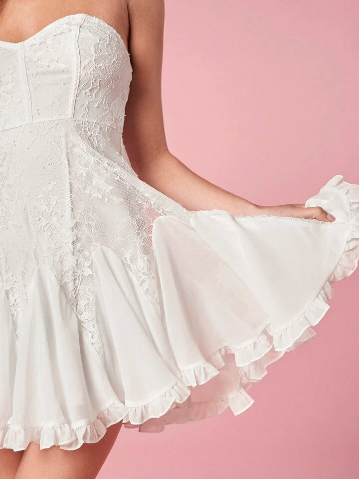 CM-DS362363 Women Elegant Seoul Style Splicing Lace Strapless Ruffled Hem Dress - White