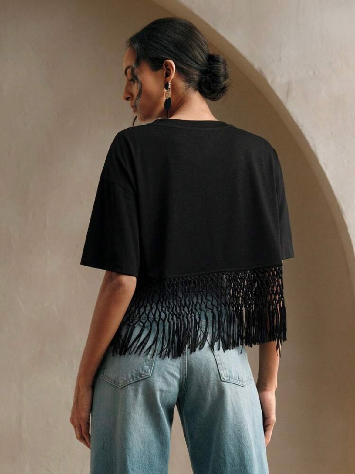 CM-TS048023 Women Trendy Bohemian Style Round Neck Short Sleeve Braided Tassel Patchwork T-Shirt