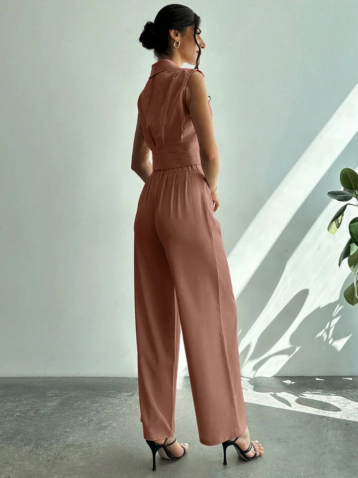 CM-SS414674 Women Elegant Seoul Style Collared Fitted Cap Sleeve Shirt With Straight-Leg Pants Suit - Khaki