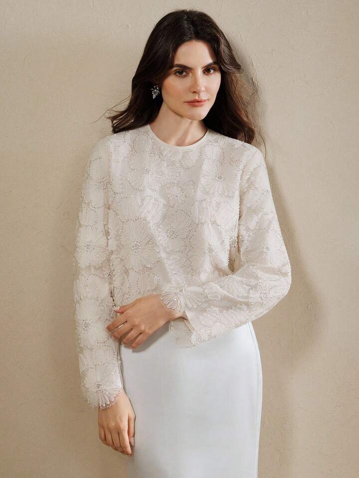 CM-TS303207 Women Elegant Seoul Style Round Neck Long Sleeve Floral Beaded Sheer Blouse - Apricot