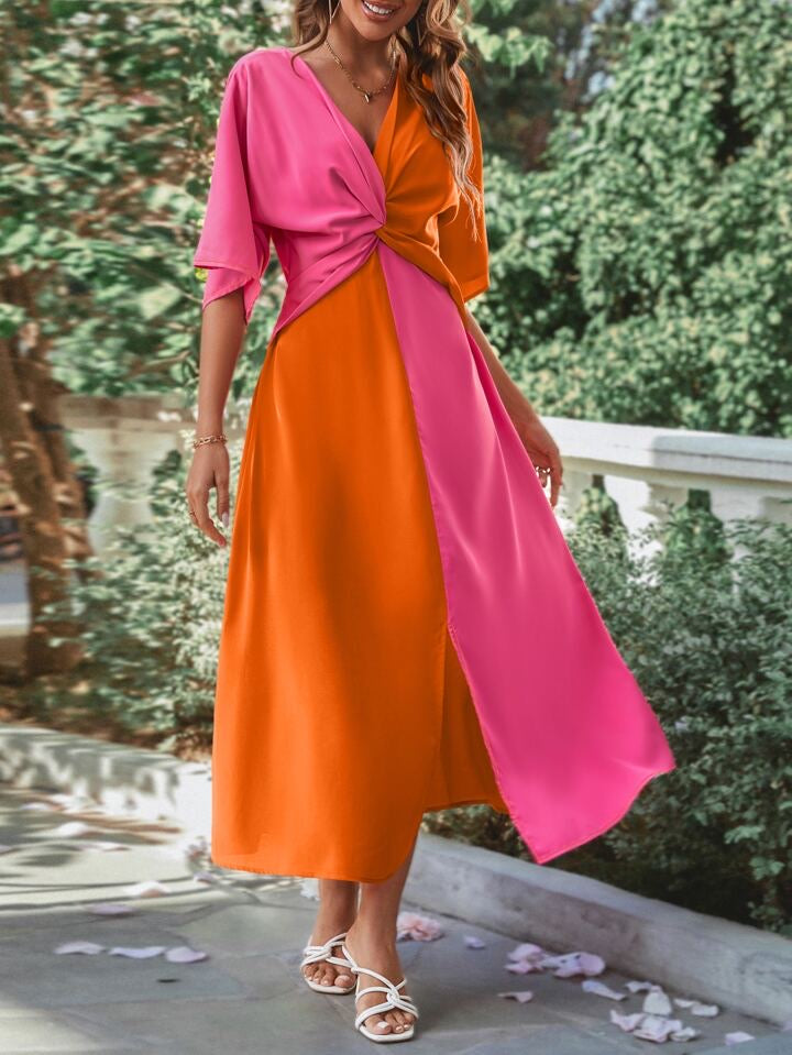 CM-DS037507 Women Trendy Bohemian Style Two Tone Twist Front Split Hem Dress