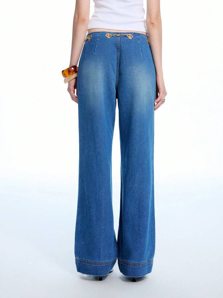 CM-BS250871 Women Casual Seoul Style Low Waist Metal Chain Decor Straight Leg Loose Jeans - Blue
