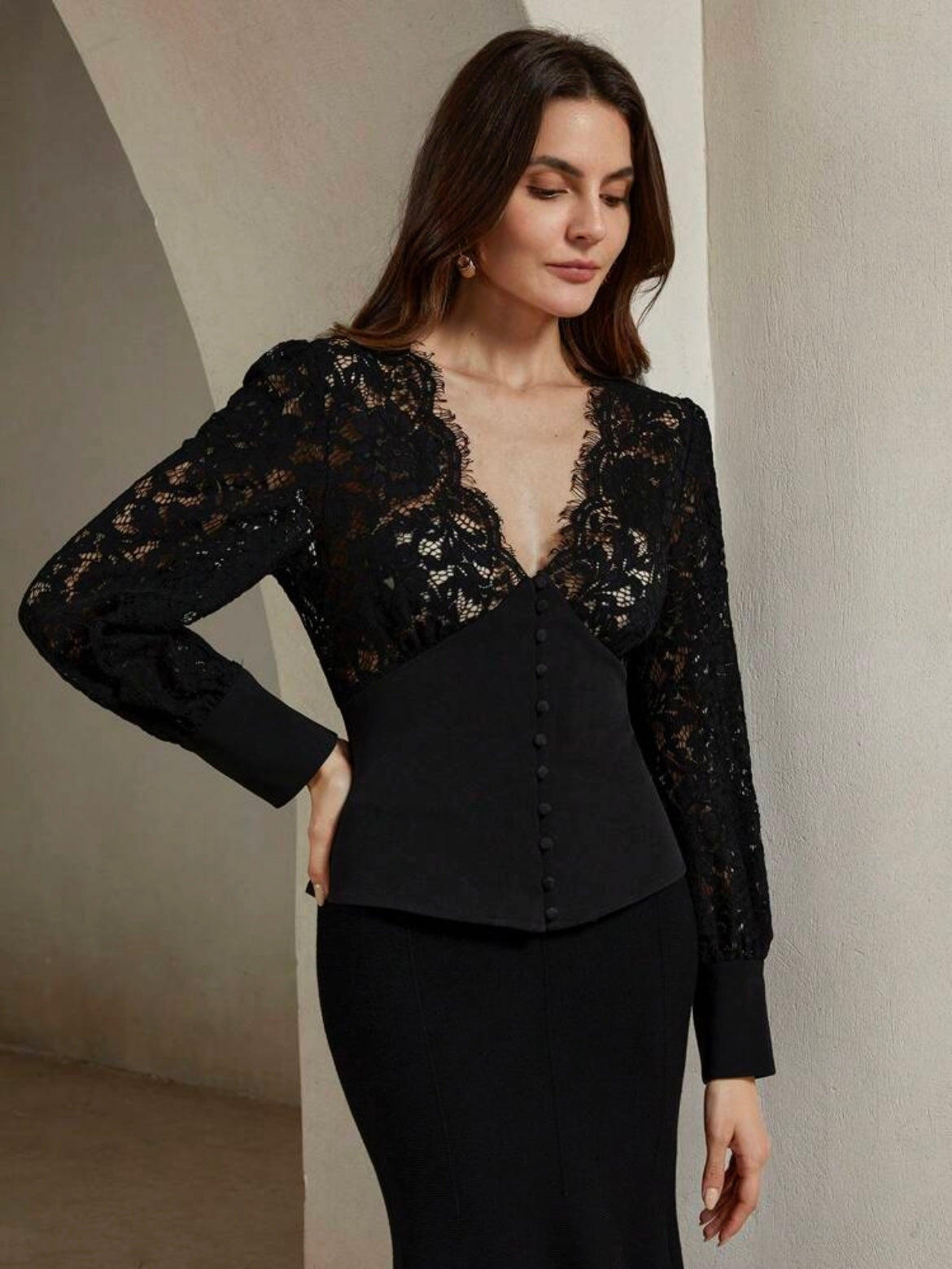 CM-TS422243 Women Elegant Seoul Style V-Neck Lace Patchwork Cinching Waist Top - Black