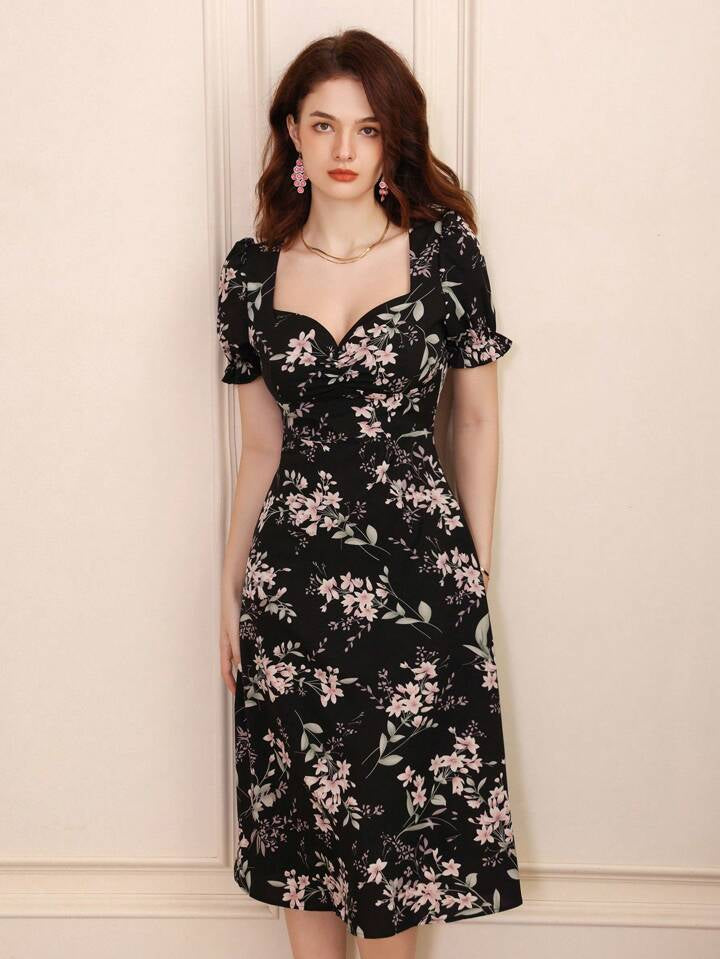 CM-DS677760 Women Trendy Bohemian Style Random Printed Short Sleeve Dress - Black