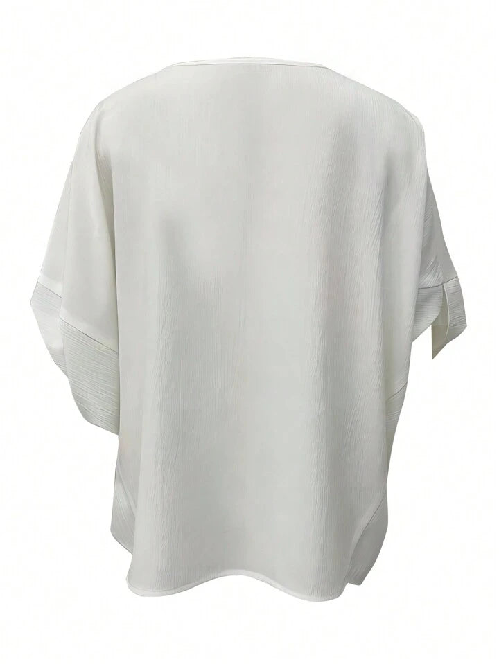CM-TS906089 Women Trendy Bohemian Style Solid Color Batwing Sleeve Blouse - Beige