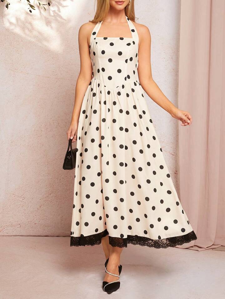 CM-DS428284 Women Casual Seoul Style Halter Neck Sleeveless Polka Dot High Waist A-Line Dress