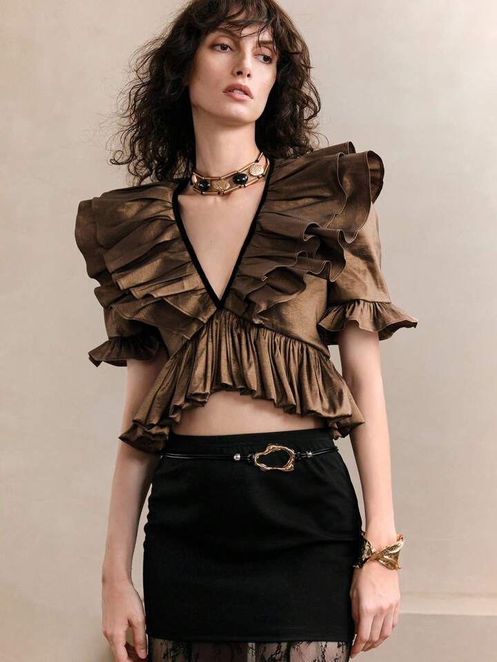 CM-TS736991 Women Elegant Seoul Style Metallic Luster Fabric One-Shoulder Multi-Layered Ruffled V-Neck Short Shirt