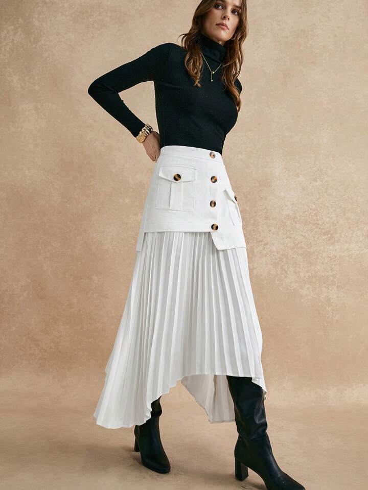 CM-BS110452 Women Elegant Seoul Style Ruched Patchwork Asymmetrical Hem A-Line Skirt - White