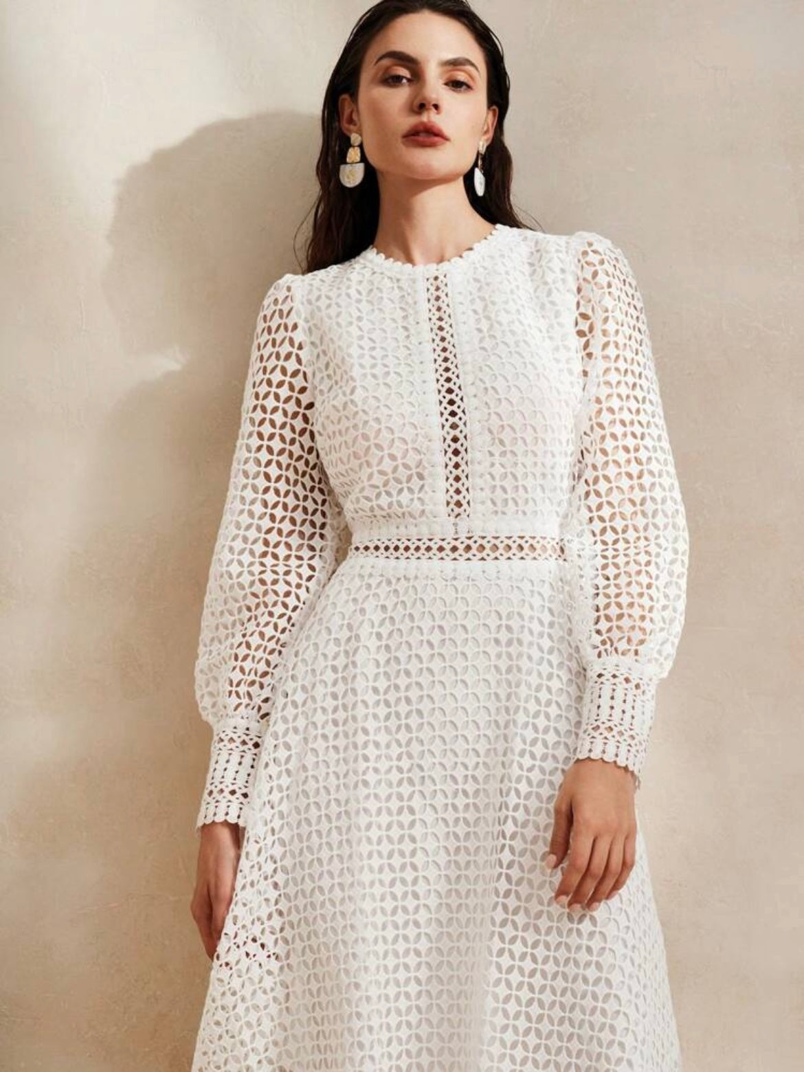 CM-DS007754 Women Elegant Seoul Style Round Neck Flounce Sleeve Floral Patchwork A-Line Dress - White