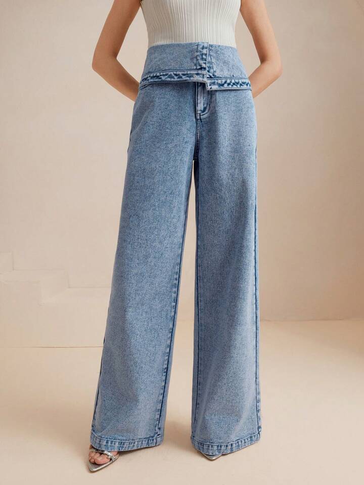 CM-BS088881 Women Casual Seoul Style High Waist Sophisticated Pleated Wide Leg Jeans - Blue